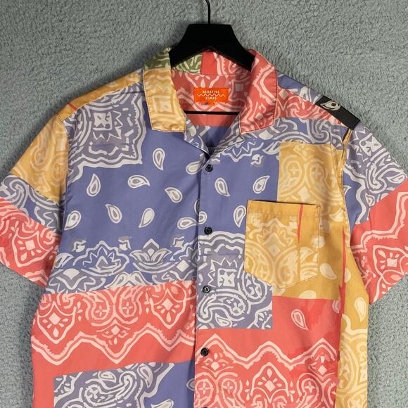 Negative Space Patchwork Bandana Print Shirt Multicolor Button Top‎ Men’s M - Picture 5 of 9